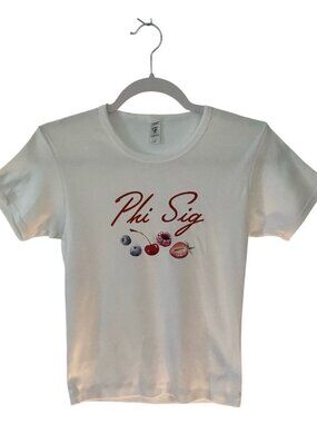 The Hang Loose Hut "very berry" white Phi Sig t-shirt. Made in the USA! Size M